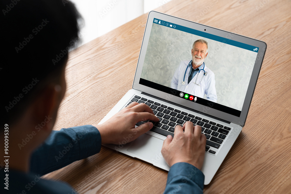 Doctor video call online by modish telemedicine software application for virtual meeting with patient Doctor video call online by modish telemedicine software application for virtual meeting with patient