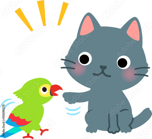 じゃれ合う猫とオウム