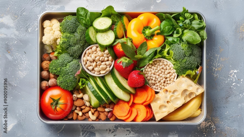 Colorful lunch box with fresh fruits, vegetables, nuts, and grains, emphasizing balanced nutrition, healthy food, lunch box Colorful lunch box with fresh fruits, vegetables, nuts, and grains, emphasizing balanced nutrition, healthy food, lunch box