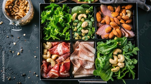 Gourmet lunch box with fresh greens, nuts, and lean meats, healthy food, lunch box photo