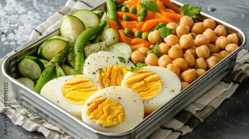 High protein lunch box with boiled eggs, chickpeas, and mixed veggies, healthy food, lunch box photo