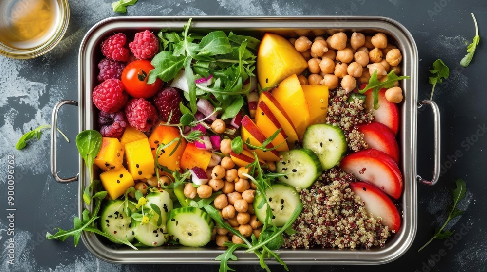 Vegan lunch box with rainbow quinoa salad, chickpeas, and fresh fruits, healthy food, lunch box Vegan lunch box with rainbow quinoa salad, chickpeas, and fresh fruits, healthy food, lunch box