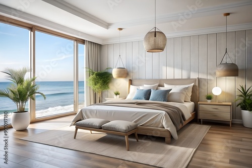 Minimal bedroom interior design with a cozy and elegant coastal style, comfortable bed, and modern design background.