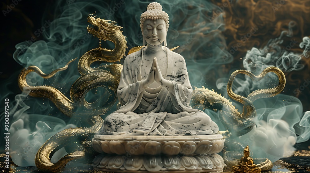 Obraz premium buddha statue on the background of the smoke and dragon