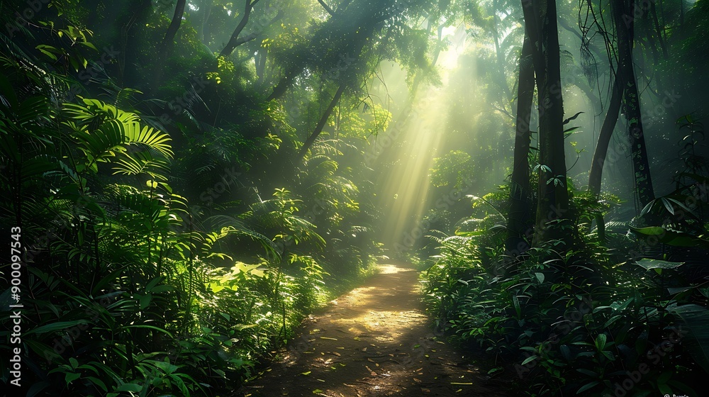 Fototapeta premium Beautiful morning sun rays in a forest of a mysterious path