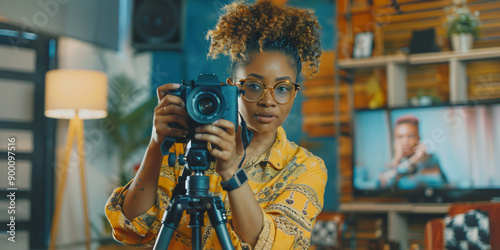 A young african woman focused on taking a picture with a camera, holding it steady on a tripod in a home studio.