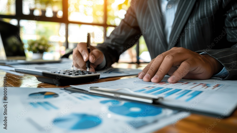Calculating Finances: Businessman at Desk Office with Calculator Calculating Finances: Businessman at Desk Office with Calculator