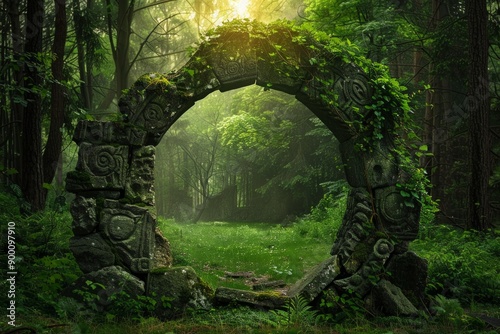 Ancient Celtic Forest with an ancient stone circle, lush greenery, and mystical symbols. 