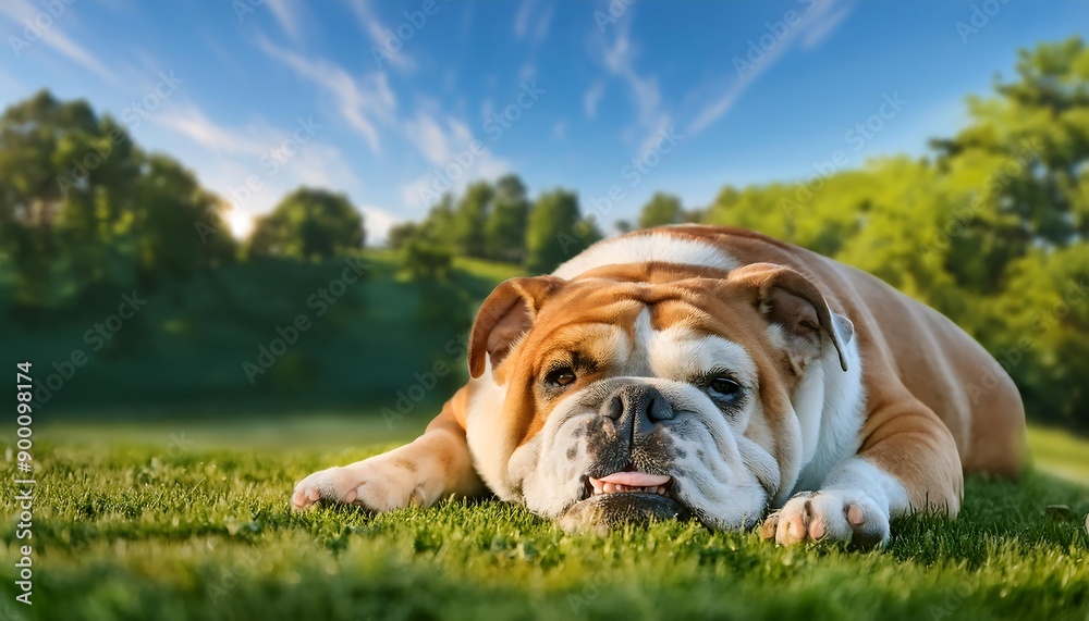 Fototapeta premium Portrait of a cute english bulldog dog lying down on a green field