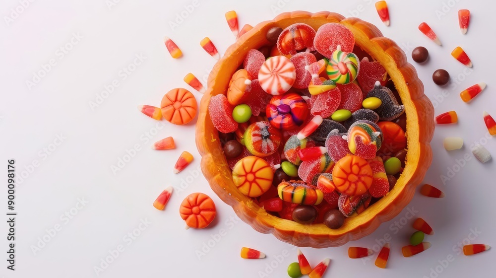 Pumpkin cup overflowing with Halloween candy in a flat design, top view, Halloween candy, festive indulgence Pumpkin cup overflowing with Halloween candy in a flat design, top view, Halloween candy, festive indulgence