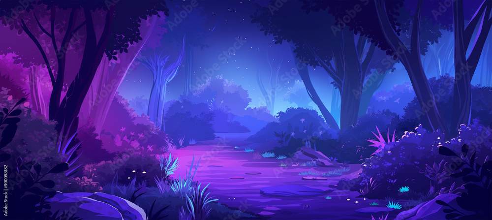 Obraz premium Magic forest landscape with Fantasy garden with plants, game background, Illustration