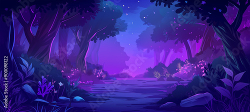 Magic forest landscape with Fantasy garden with plants, game background, Illustration