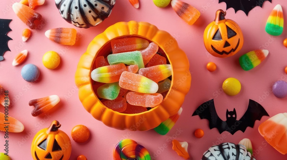 Top-down view of Halloween candies in a pumpkin cup, flat design, Halloween candy, seasonal sweets Top-down view of Halloween candies in a pumpkin cup, flat design, Halloween candy, seasonal sweets