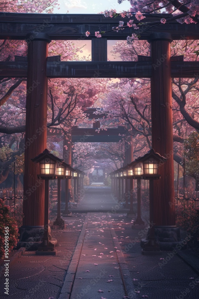 Obraz premium Ancient Japanese Torii Gate Frame. Wooden Torii gates, cherry blossoms, and lanterns. 
