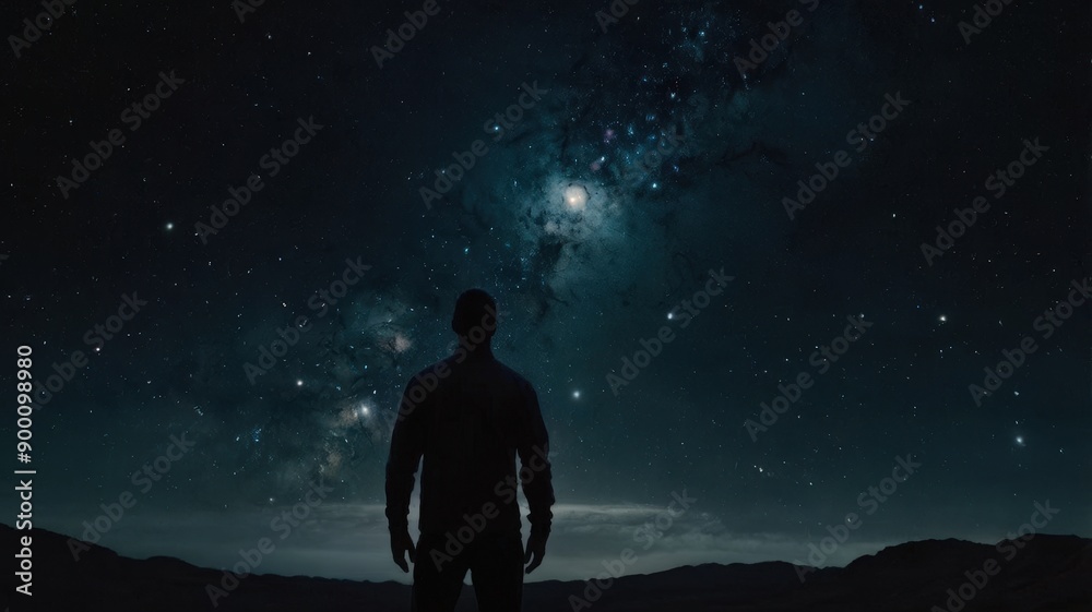 Fototapeta premium Silhouetted Under the Milky Way: A solitary figure stands amidst a breathtaking vista of the Milky Way, their silhouette a poignant reminder of humanity's place in the vastness of the universe. The im