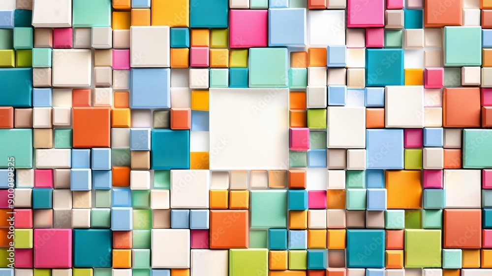 Abstract mosaic, vibrant tiles, 3D depth effect, flat design illustration
