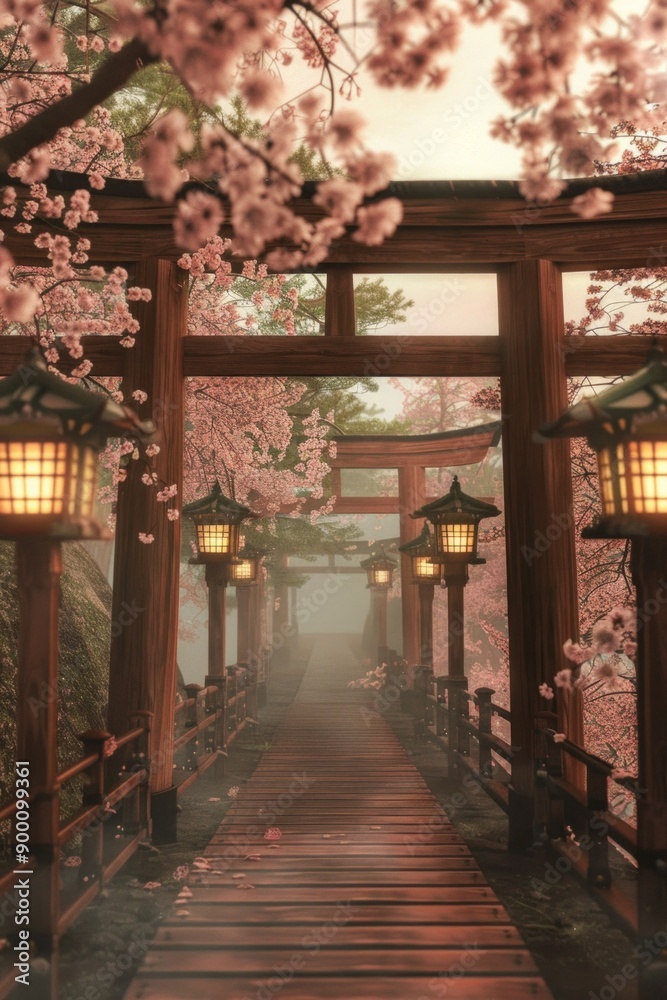 Fototapeta premium Ancient Japanese Torii Gate Frame. Wooden Torii gates, cherry blossoms, and lanterns. 