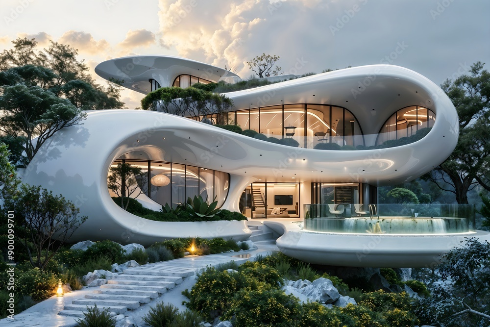 Futuristic Modern Aesthetic House with Sleek Round Angles and Photo-Realistic Detailing, Showcasing Cutting-Edge Architectural Design, Sustainable Building Materials, and Innovative Smart Home Futuristic Modern Aesthetic House with Sleek Round Angles and Photo-Realistic Detailing, Showcasing Cutting-Edge Architectural Design, Sustainable Building Materials, and Innovative Smart Home