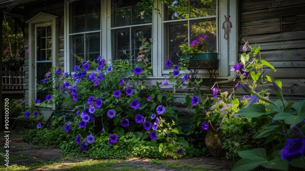 Yard adorned with purple morning glories Yard adorned with purple morning glories