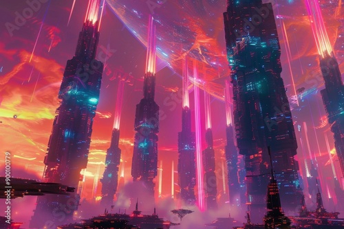 Futuristic cityscape with vibrant lights and towering skyscrapers under a crimson sky photo