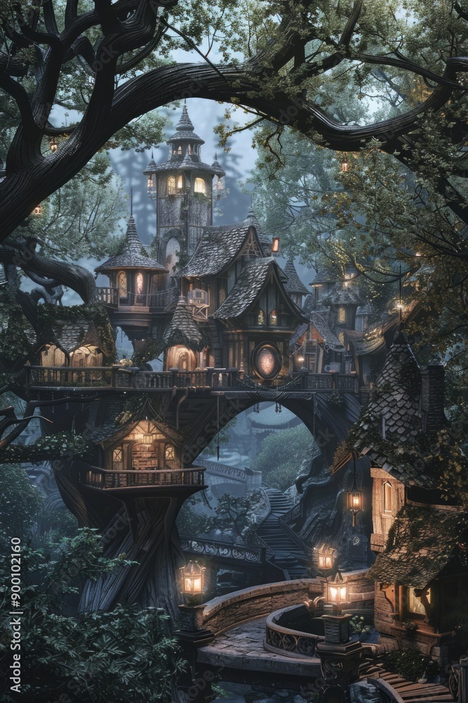 Fototapeta premium Fantasy Elven Village. Elegant treehouses, twinkling lanterns, and delicate bridges. Enchanting village, perfect for an immersive fantasy setting.