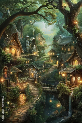 Fantasy Elven Village. Elegant treehouses, twinkling lanterns, and delicate bridges. Enchanting village, perfect for an immersive fantasy setting.