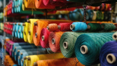 Colorful spools of thread on a rack in a factory.