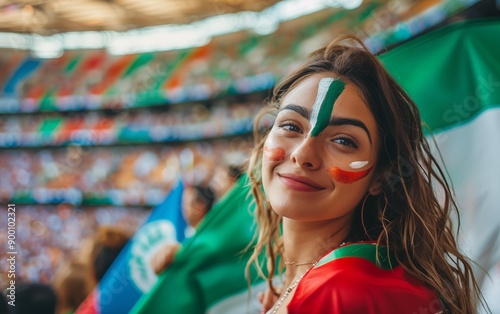 Woman with face paint at soccer stadium.