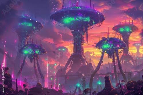 Futuristic Alien Cityscape with Towering Mushroomlike Structures photo