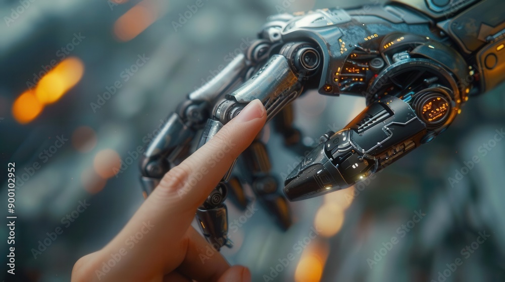 A detailed closeup of a human finger gently touching the metallic finger of a robot The human skin is textured and lifelike A detailed closeup of a human finger gently touching the metallic finger of a robot The human skin is textured and lifelike