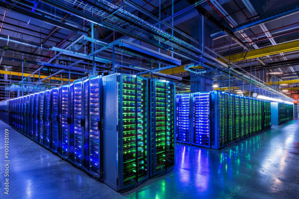 Rows of Server Racks Glowing with Blue and Green Lights in a Modern Data Center Rows of Server Racks Glowing with Blue and Green Lights in a Modern Data Center