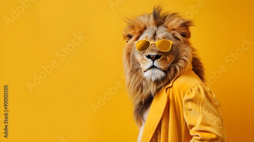 Lion in Sunglasses Wearing Yellow Jacket