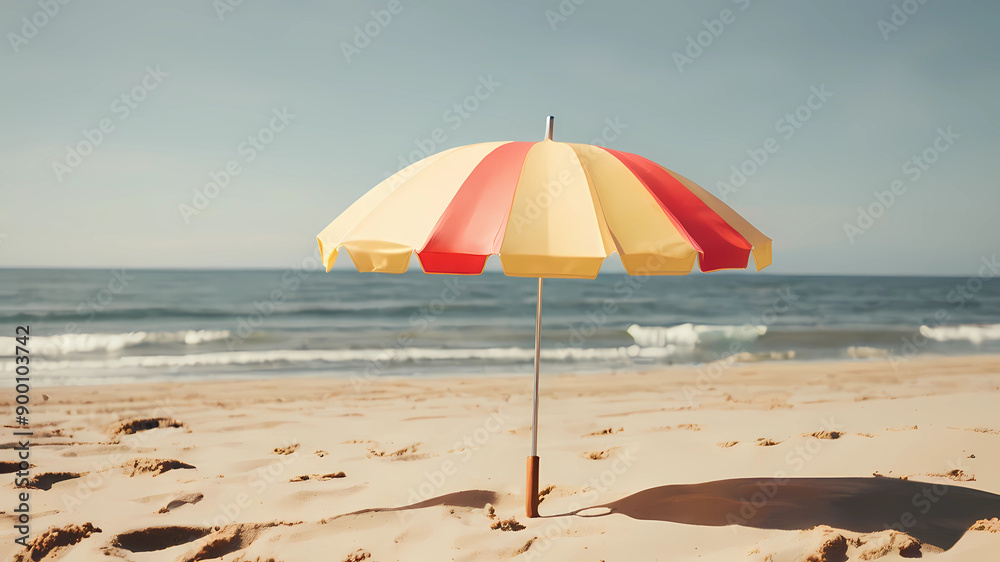 A beach on a Sunny day. One umbrella. One umbrella.