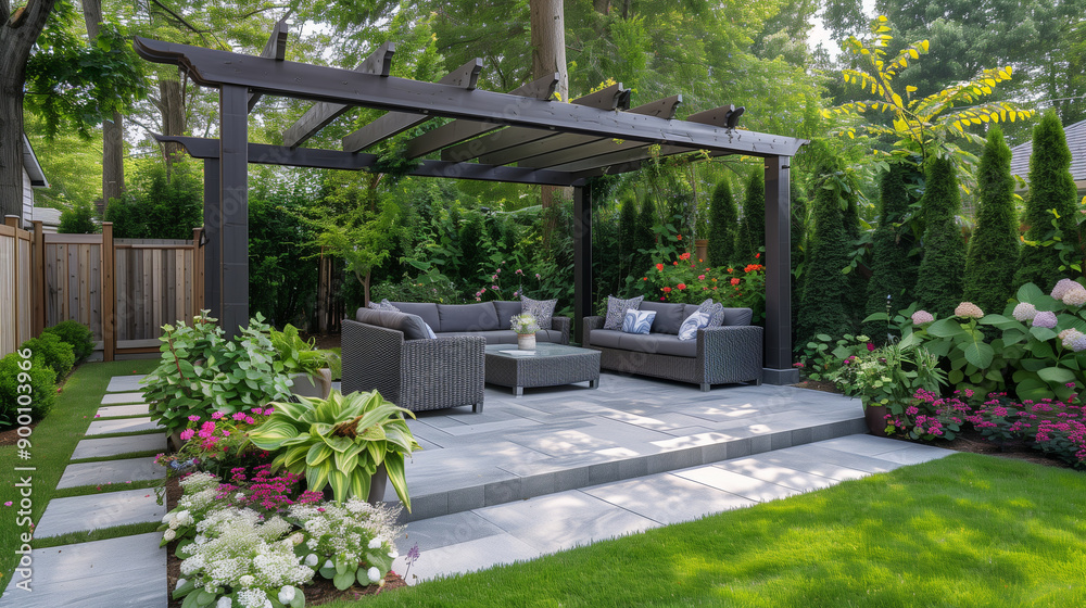 Backyard pergola patio wooden canopy outdoors with flowers grass lawn garden furniture flower beds Patio living space with comfortable seating pergola Backyard pergola patio wooden canopy outdoors with flowers grass lawn garden furniture flower beds Patio living space with comfortable seating pergola