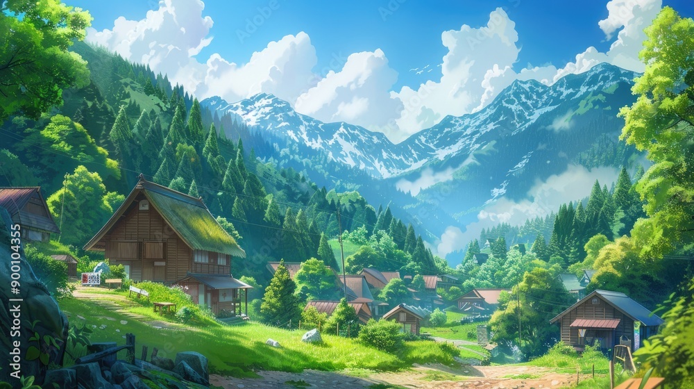 Obraz premium Beautiful anime background of rural village and mountain nature, lush greenery, picturesque landscape