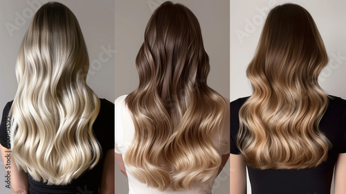 comparison of dark and light hair long curly female hair golden blonde ombre balayage dark brown and light beige. an example of complex hair coloring