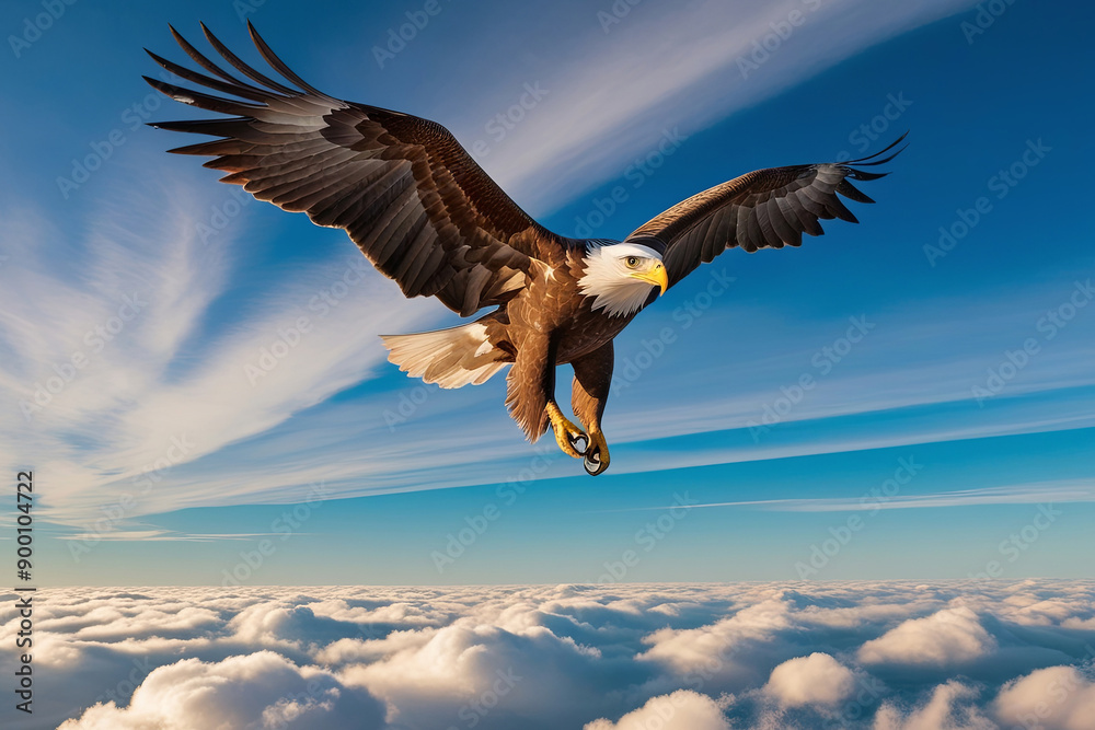 Fototapeta premium Majestic Fish Eagle soaring above cumulus clouds against a brilliant blue sky, conveying power, freedom, and serenity.