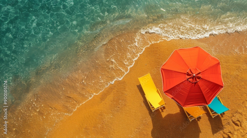 Naklejka premium A colorful beach umbrella and lounge chairs on golden sand
