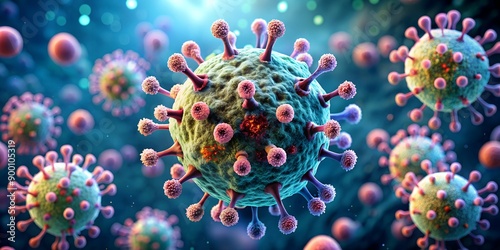 Microscopic view of virus infecting cancerous cell Generative By AI, cancer cells, microbiology, illness