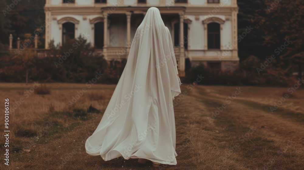 A person draped in a white sheet resembling a ghost stands in front of an old, abandoned house on a cloudy day. A person draped in a white sheet resembling a ghost stands in front of an old, abandoned house on a cloudy day.