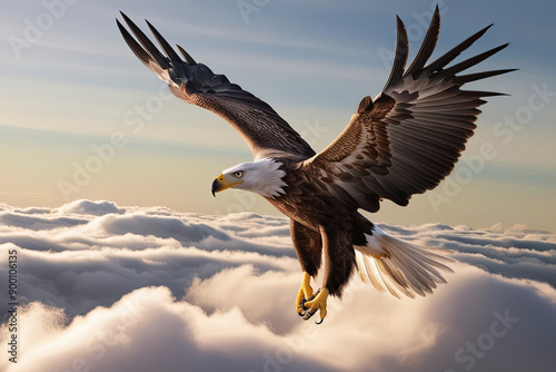 Majestic Fish Eagle soaring above cumulus clouds against a brilliant blue sky, conveying power, freedom, and serenity.
