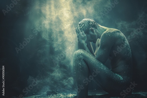 image portrays a lone figure, seated in a fetal position, enveloped in a mysterious and ethereal atmosphere. The figure is covered in a subtle layer of what appears to be glitter or fine dust. photo