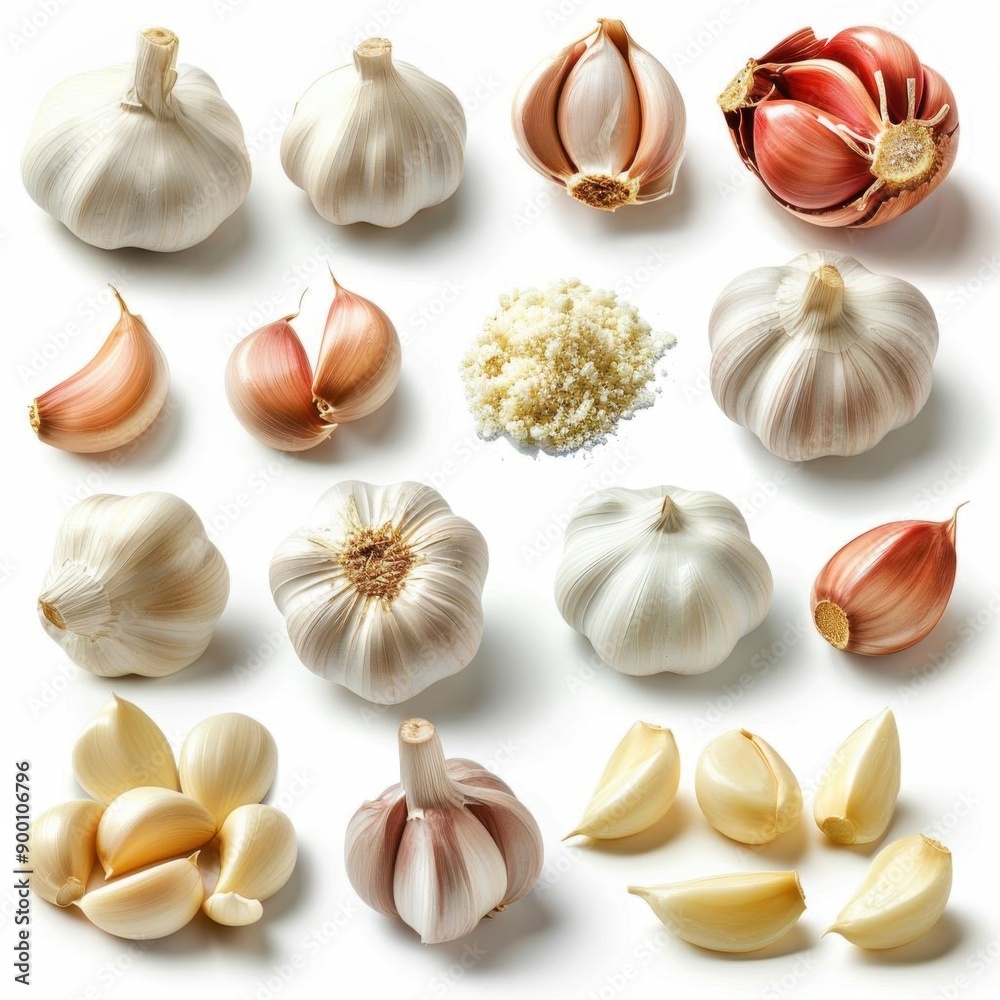 Fototapeta premium A variety of garlic bulbs and cloves on a white background.