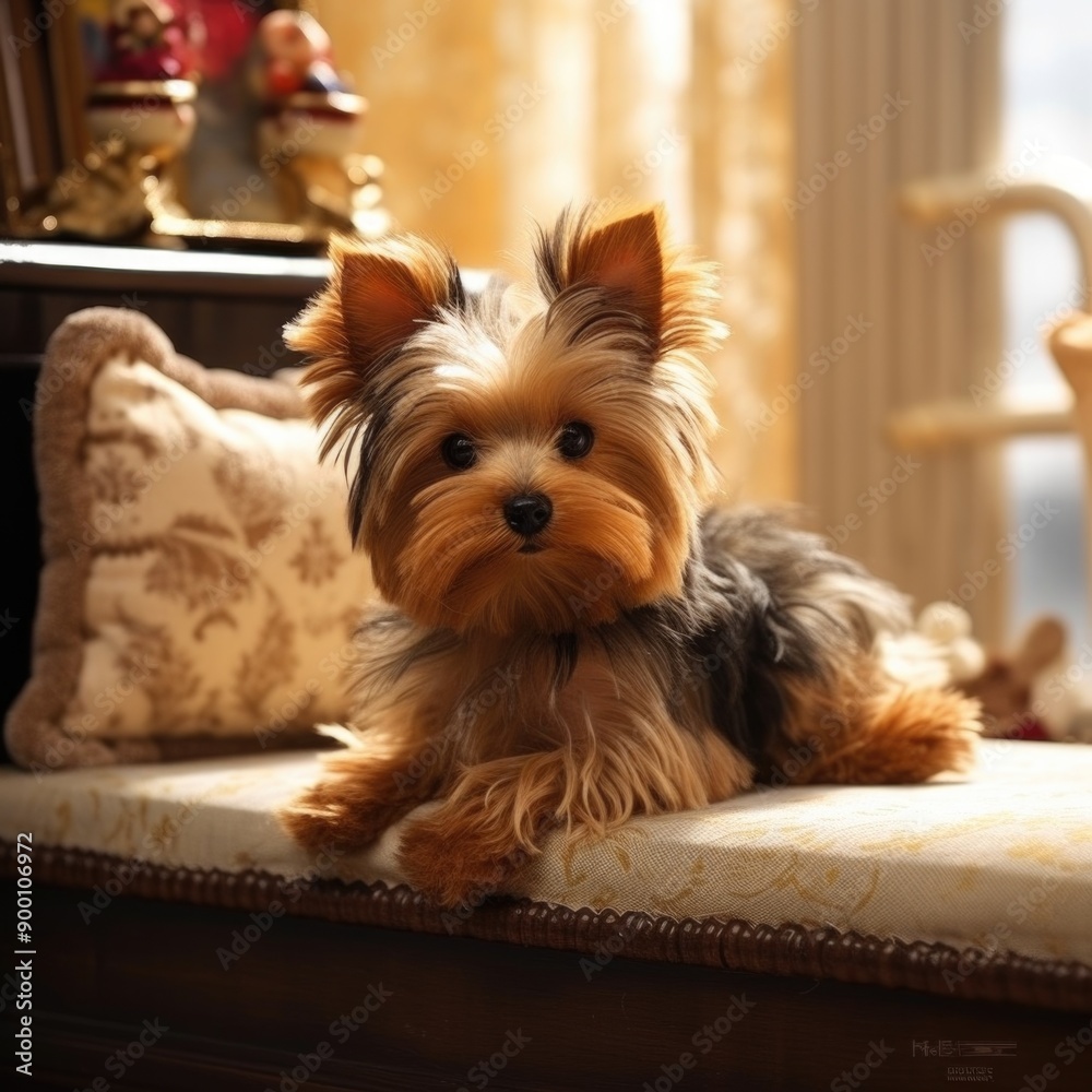 yorkshire terrier sitting on the bed yorkshire terrier sitting on the bed