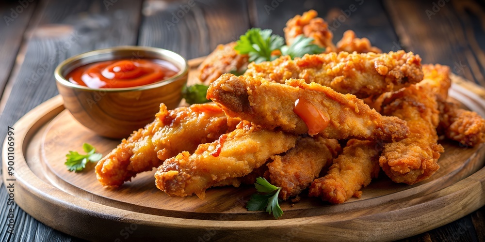 Crisp and juicy chicken strips smothered in tangy buffalo and sweet BBQ sauce Generative AI, chicken, wings Crisp and juicy chicken strips smothered in tangy buffalo and sweet BBQ sauce Generative AI, chicken, wings