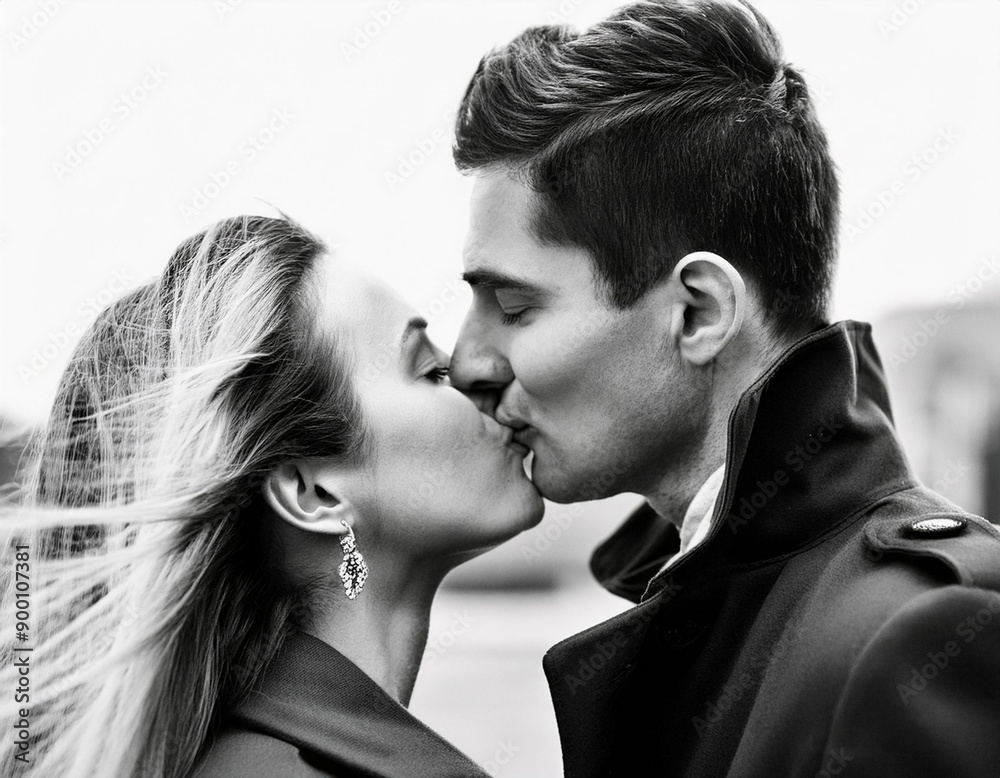 Romantic Couple Kissing in Black and White Film Noir Style Monochromatic Portrait
