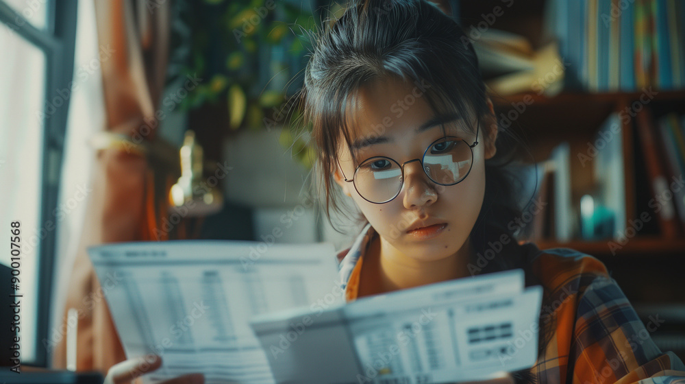 Serious young Asian woman, renter, homeowner checking, calculating utility bill, seeing mistaken too high costs, looking at paper receipt with doubt, having problems with mortgage, taxes fee payment