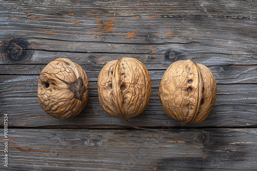 Top view of three walnuts on wooden background. Generative AI