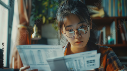 Obraz na płótnie Serious young Asian woman, renter, homeowner checking, calculating utility bill, seeing mistaken too high costs, looking at paper receipt with doubt, having problems with mortgage, taxes fee payment w salonie