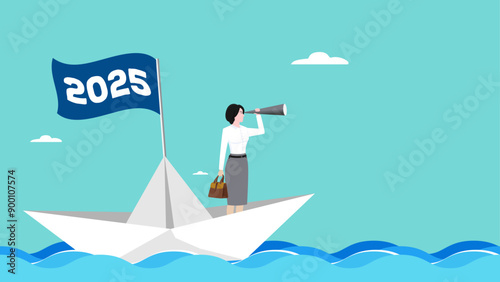 new plan or business strategy in 2025, businesswoman sailing on a paper boat with 2025 waving flag while scouting for business opportunities using telescope, business opportunitiy, happy new year 2025